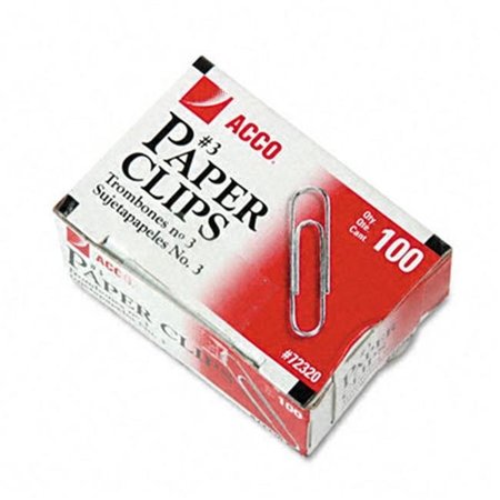 ACCO Acco 72320 Smooth Finish Economy Paper Clips  Steel  No. 3  Silver  100/Box  10 Bxs/Pk 72320